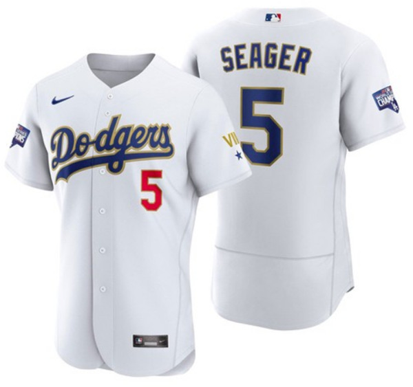 Men's Los Angeles Dodgers #5 Corey Seager White Gold MLB Championship Flex Base Sttiched Jersey